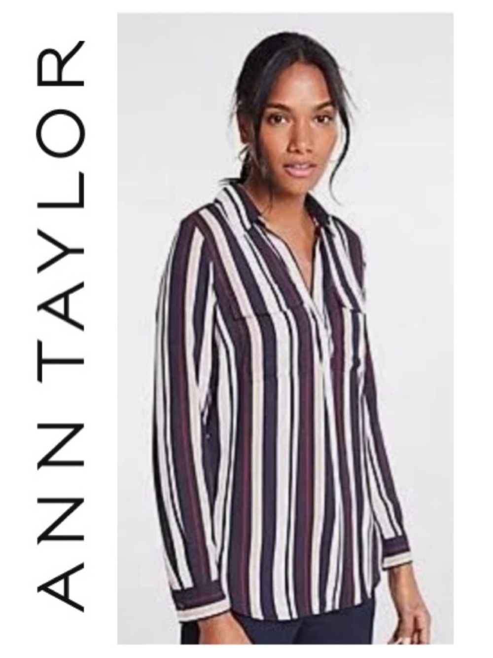 ANN TAYLOR Stripe Camp Shirt Navy Blue Pink Top Blouse Collar Women's XS